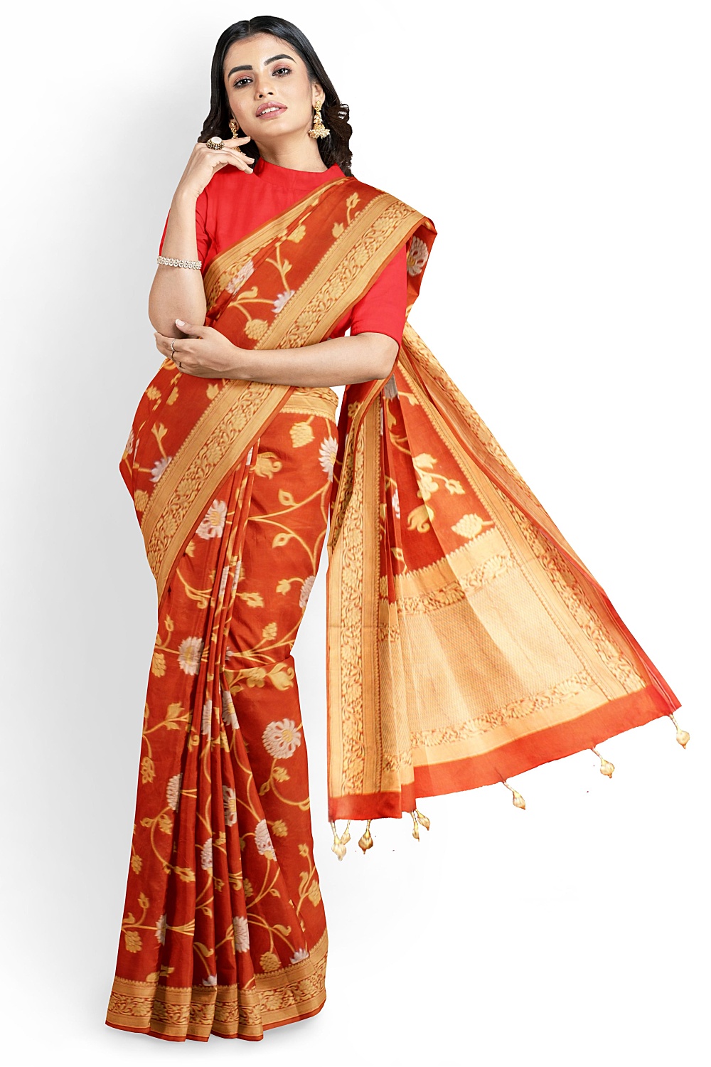 Brick Red Banarsi Silk Saree