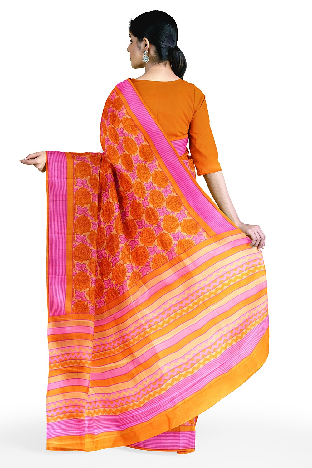 Orange Printed Silk Saree