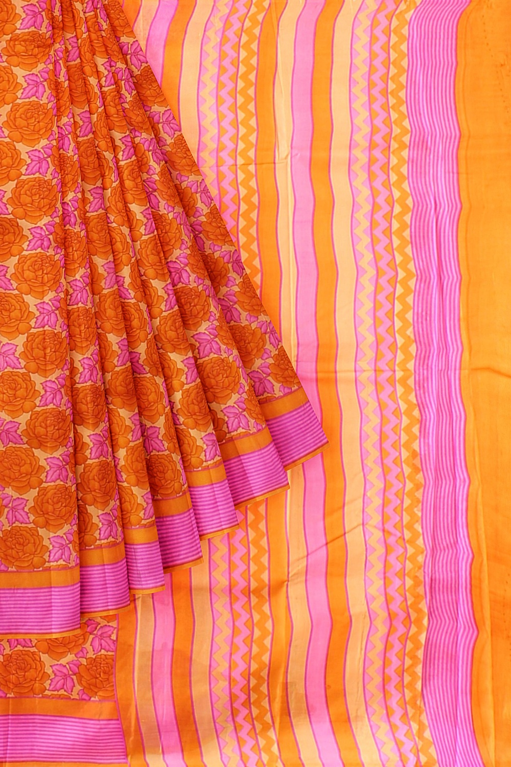 Orange Printed Silk Saree