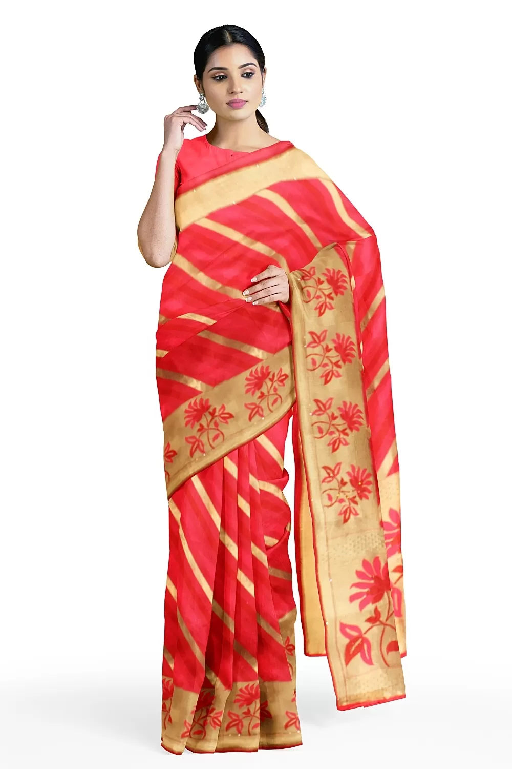 Carrot Pink Banarsi Soft Silk Saree