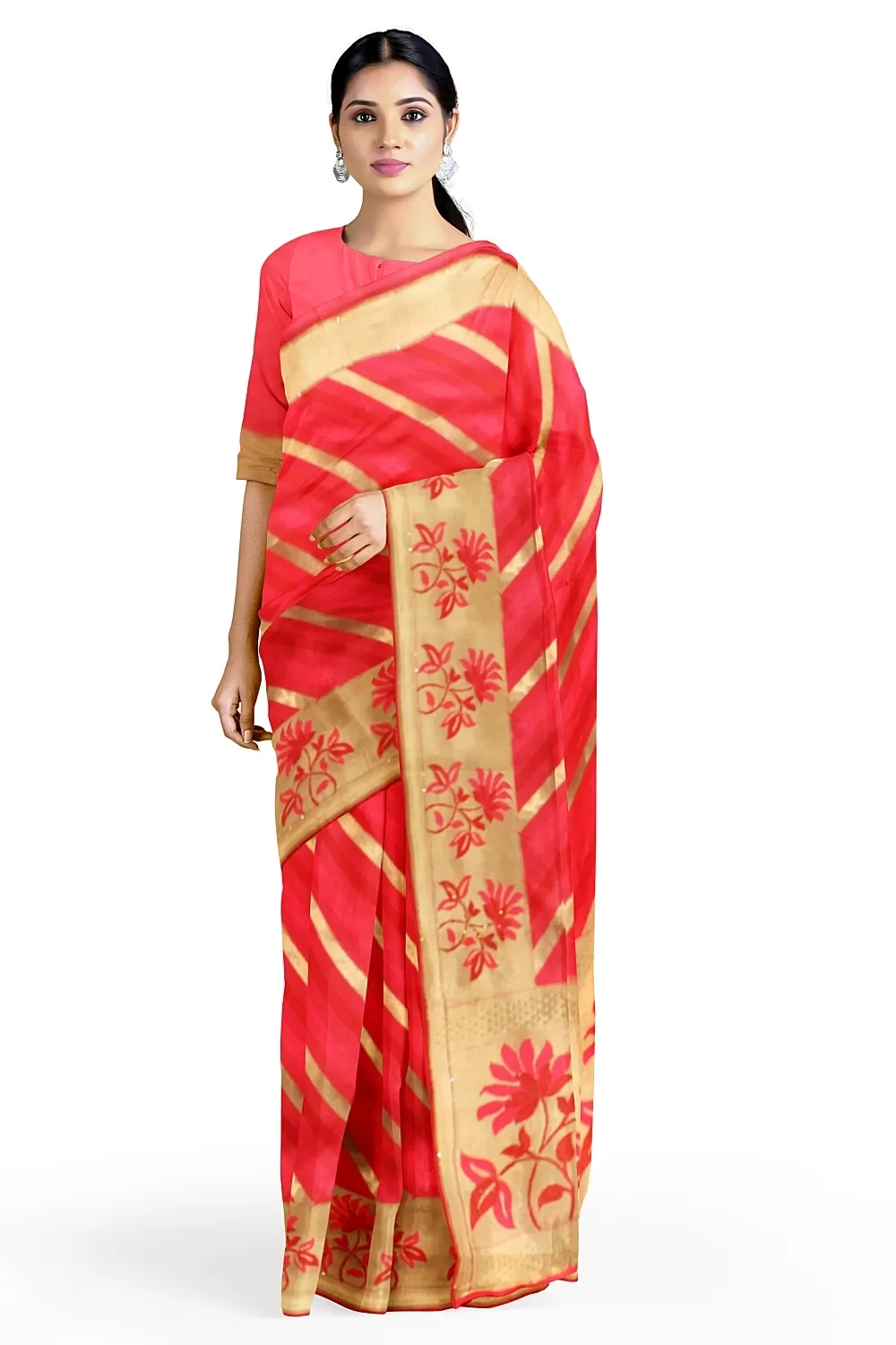 Carrot Pink Banarsi Soft Silk Saree