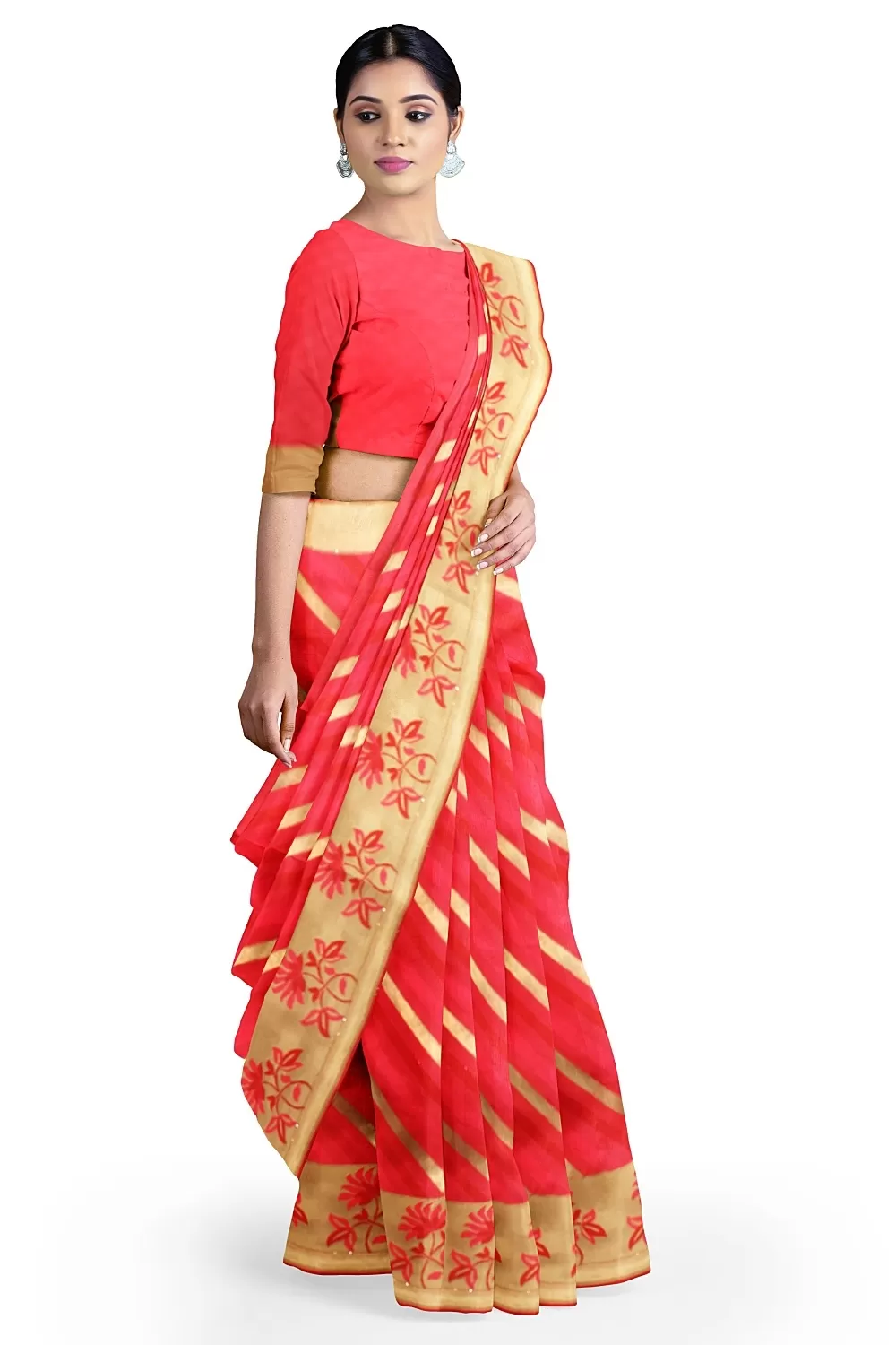 Carrot Pink Banarsi Soft Silk Saree