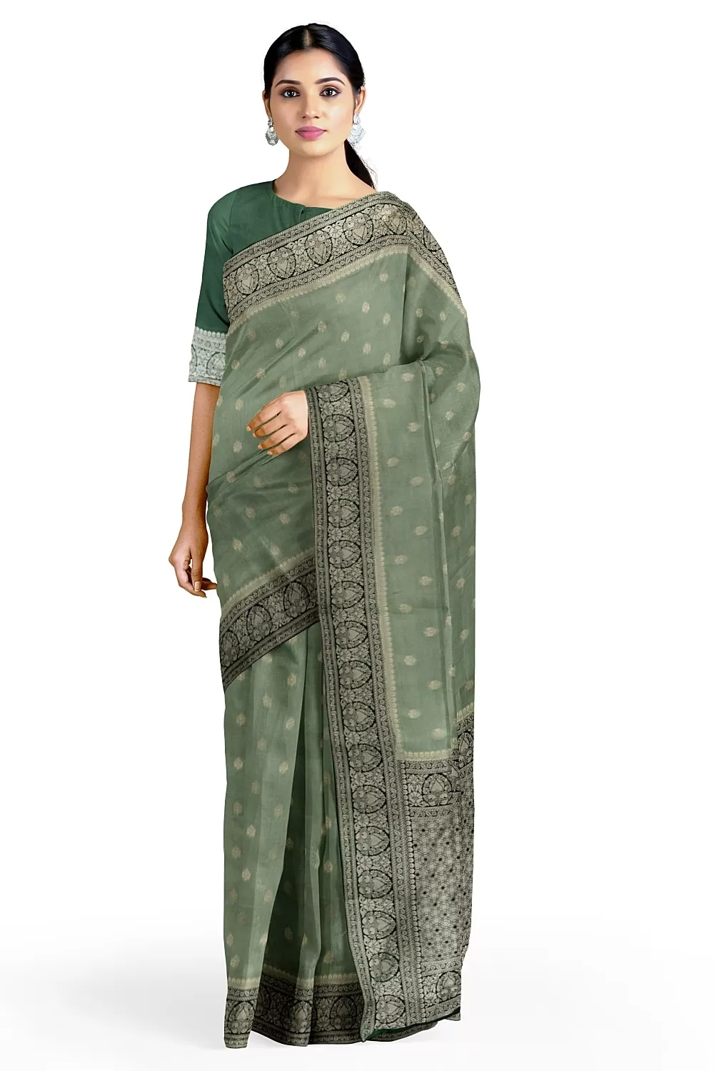 Pista Green Banarsi Soft Silk Saree