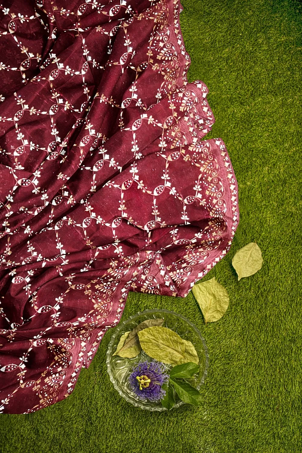 Wine Embroidery Organza Saree