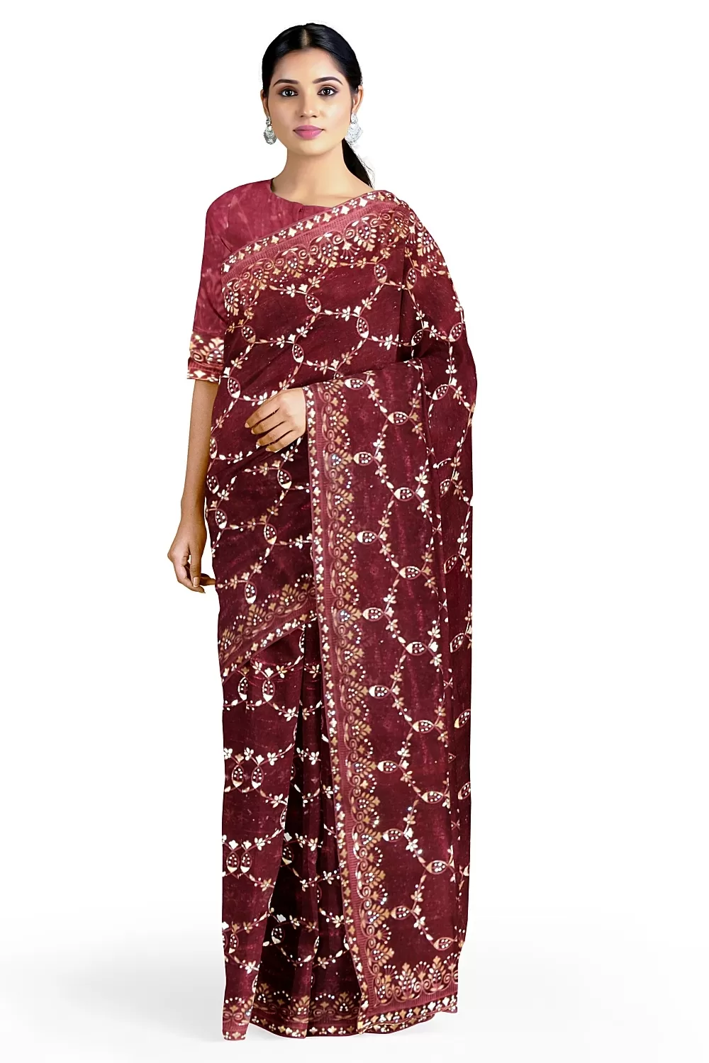 Wine Embroidery Organza Saree