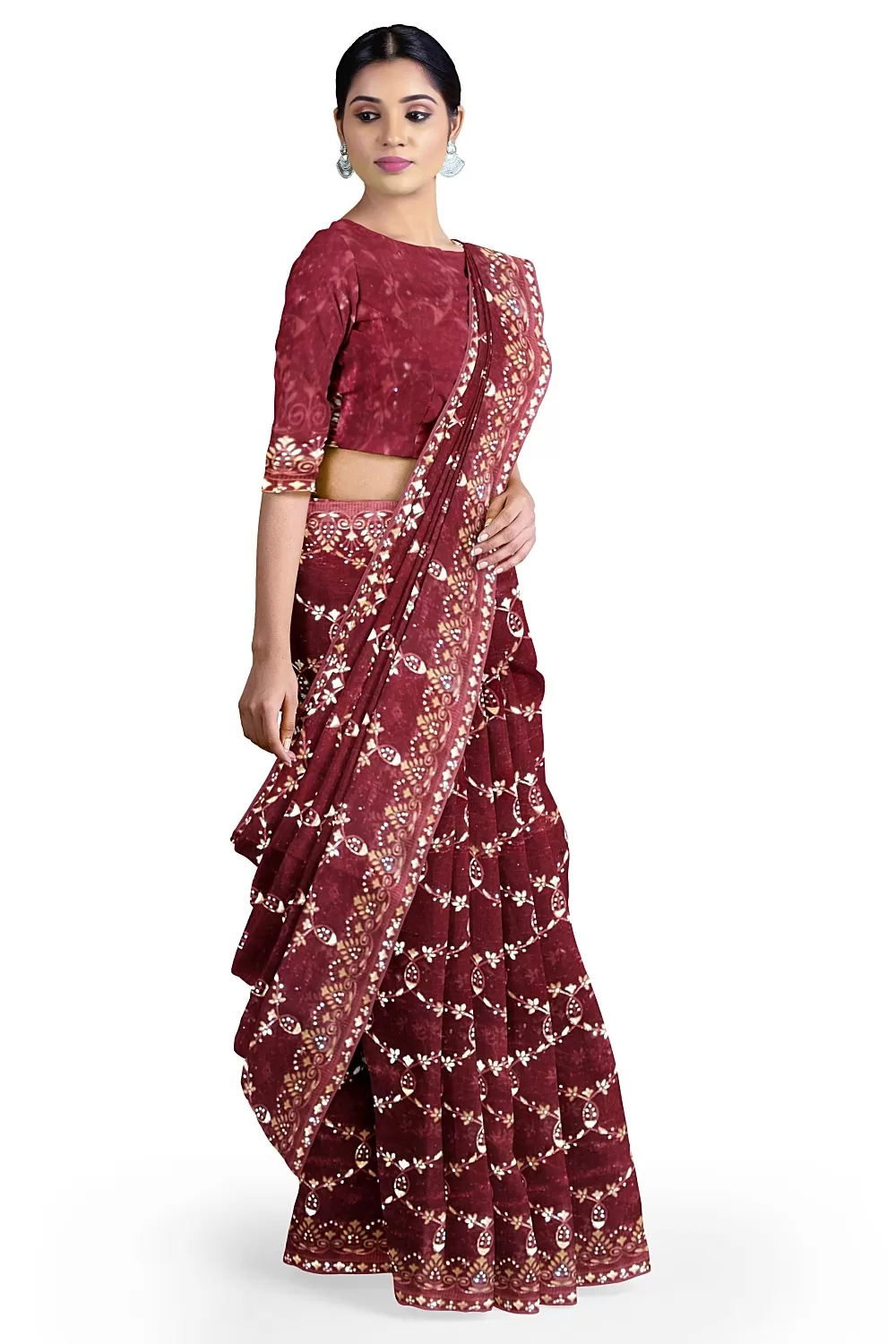 Wine Embroidery Organza Saree