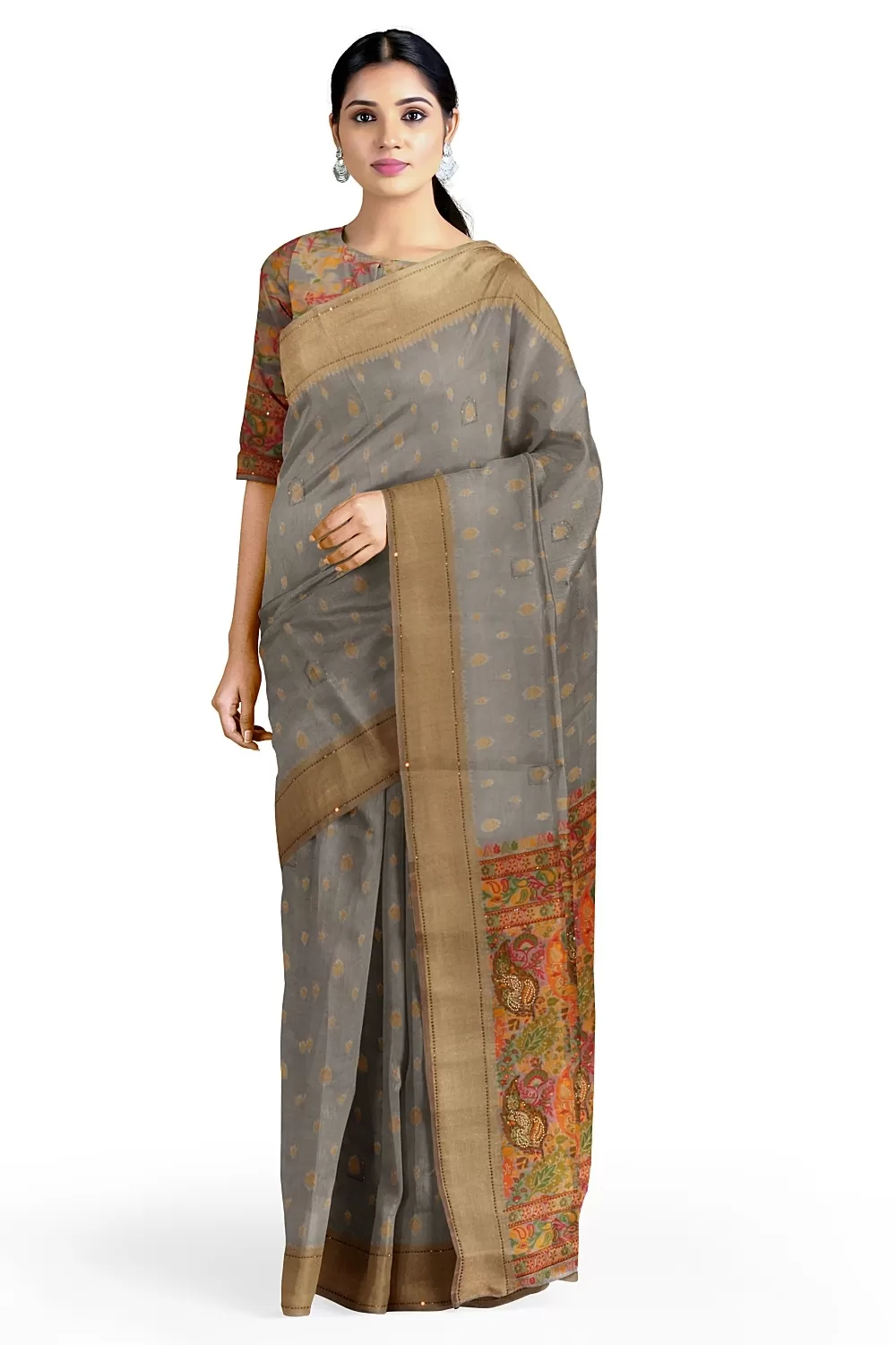 Grey Organza Saree With Heavy Blouse