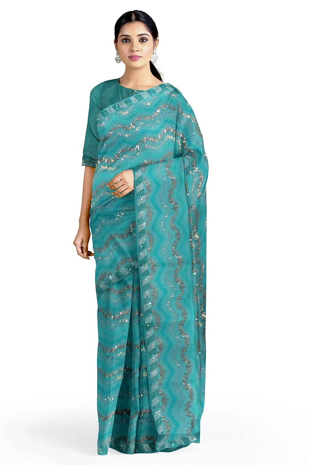 Sea Green Embroidery Organza Saree