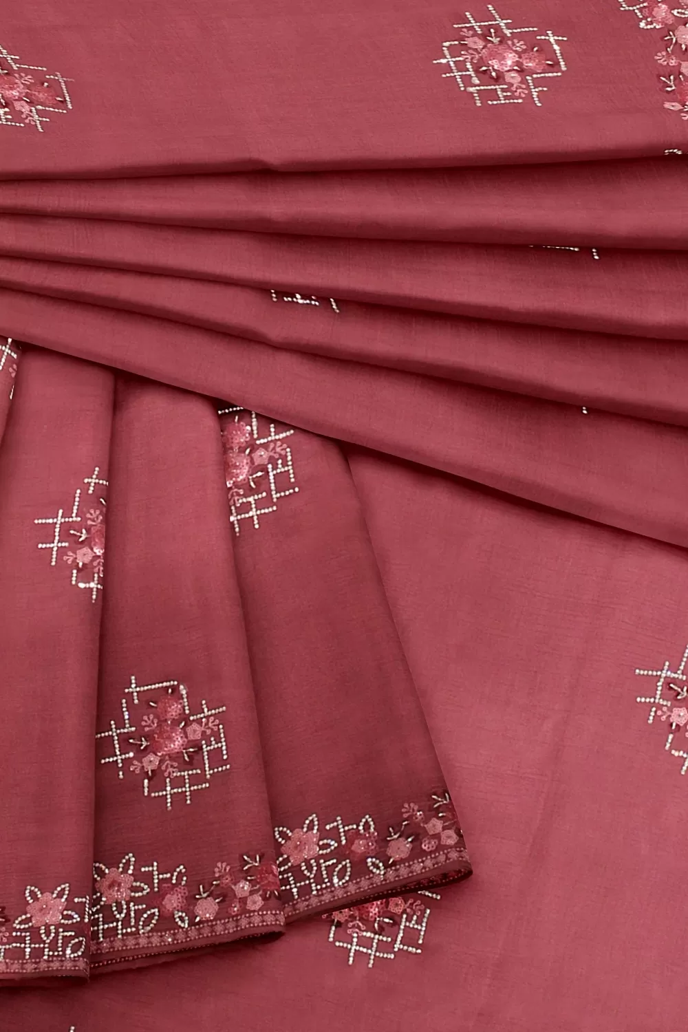 Onion Embroidery Chinnon Saree