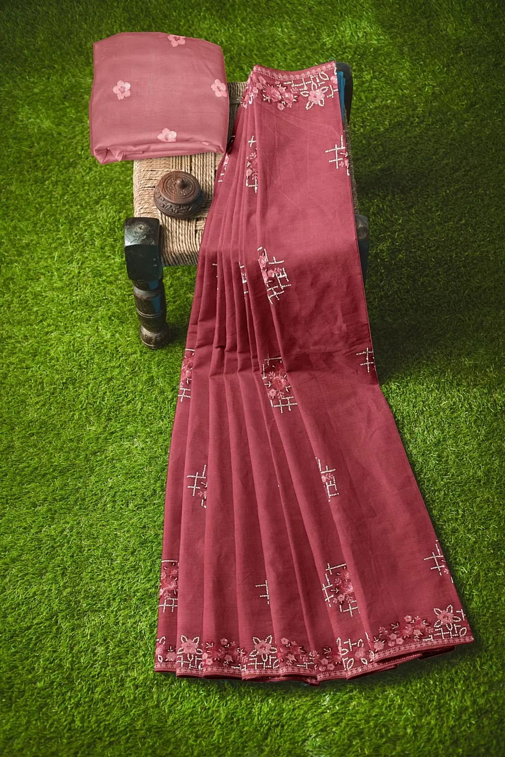 Onion Embroidery Chinnon Saree