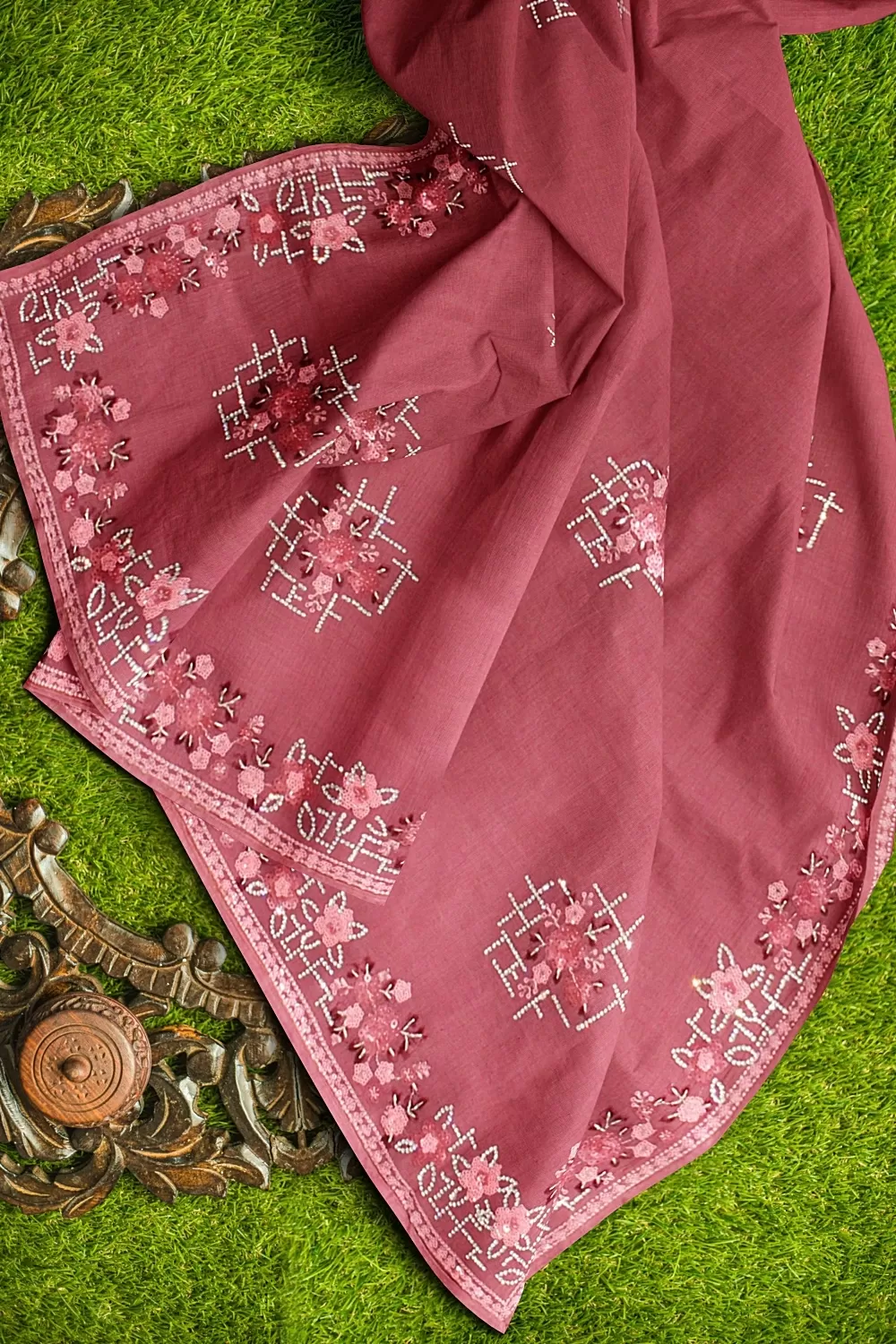 Onion Embroidery Chinnon Saree