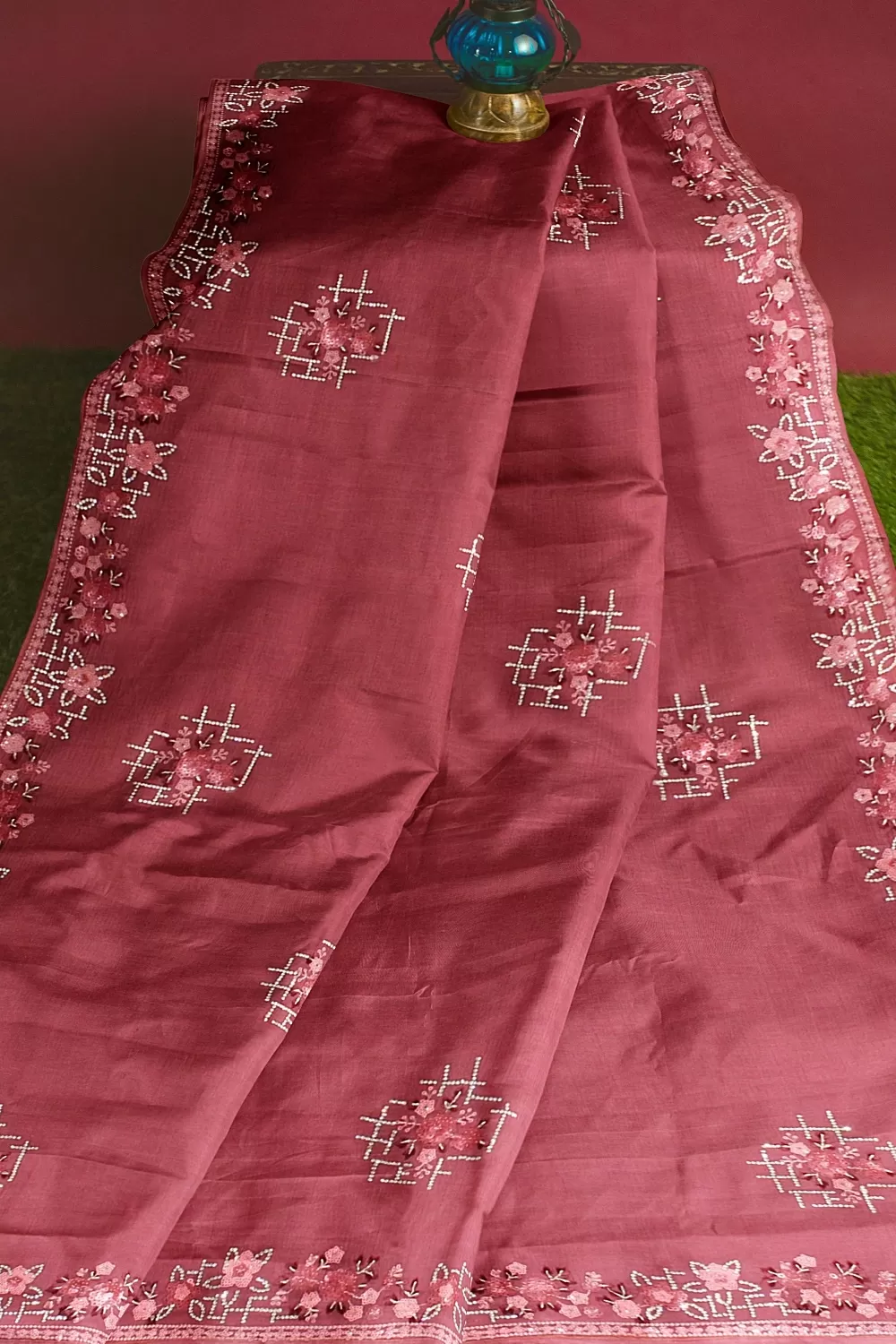 Onion Embroidery Chinnon Saree