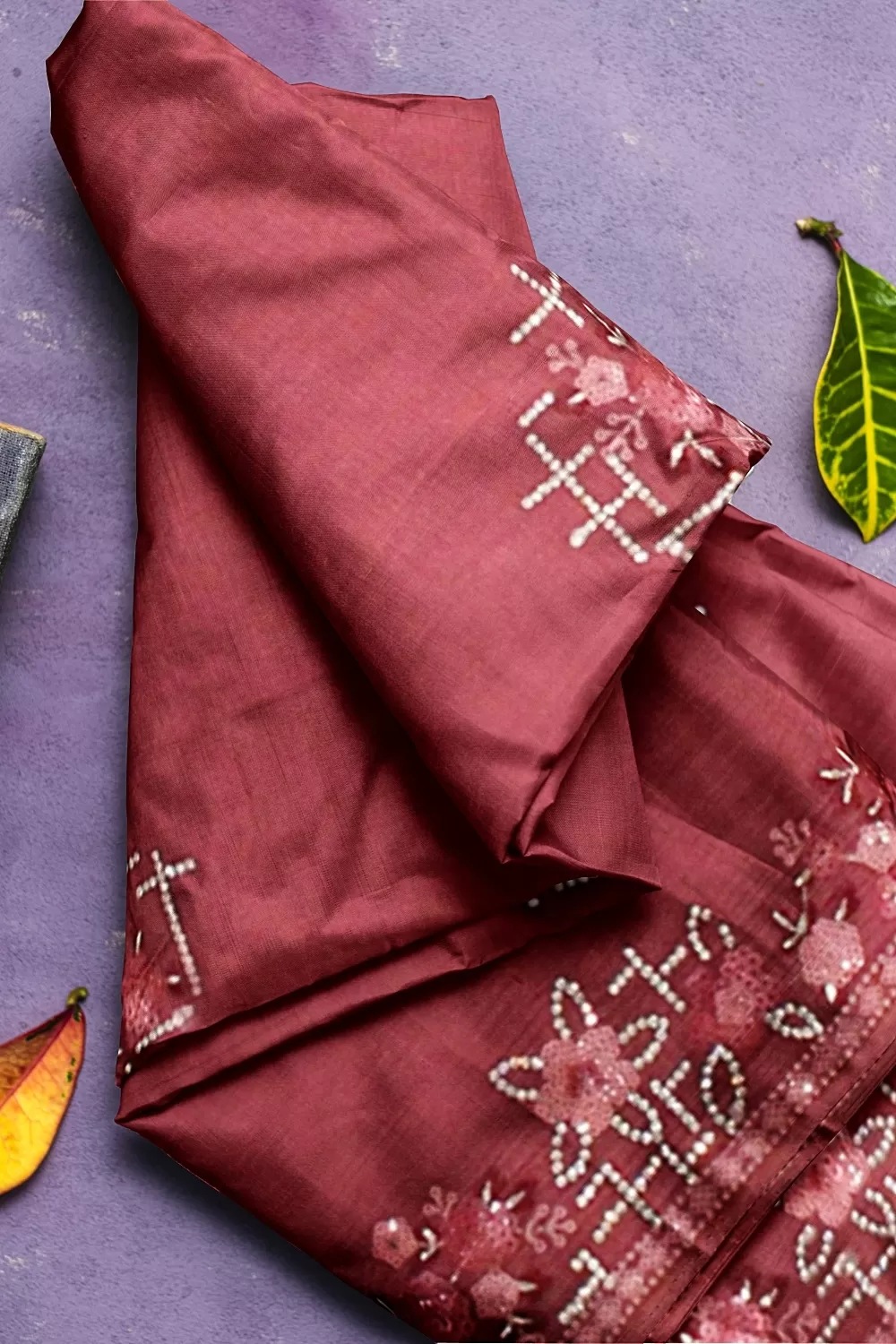 Onion Embroidery Chinnon Saree