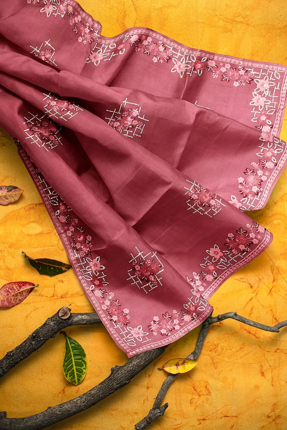 Onion Embroidery Chinnon Saree