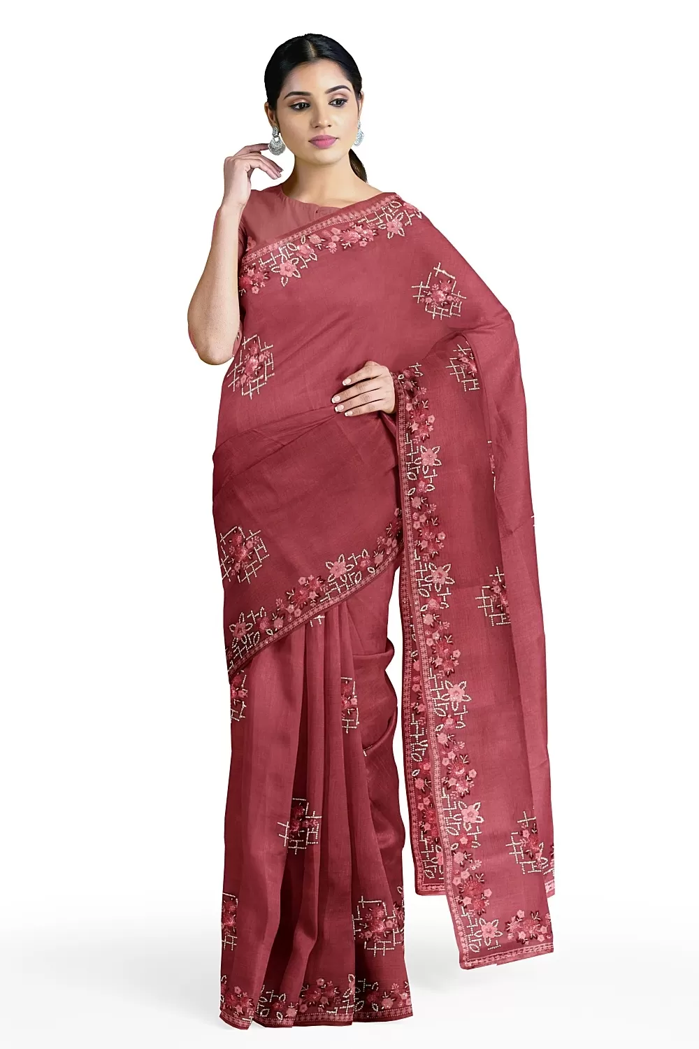 Onion Embroidery Chinnon Saree