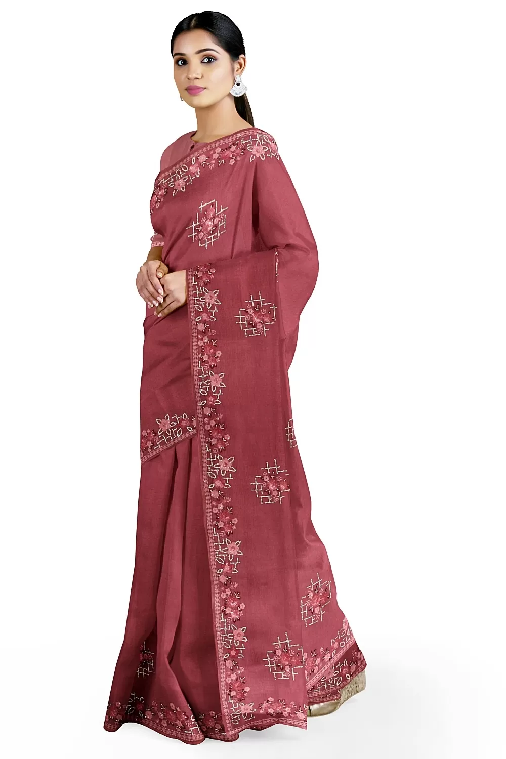 Onion Embroidery Chinnon Saree