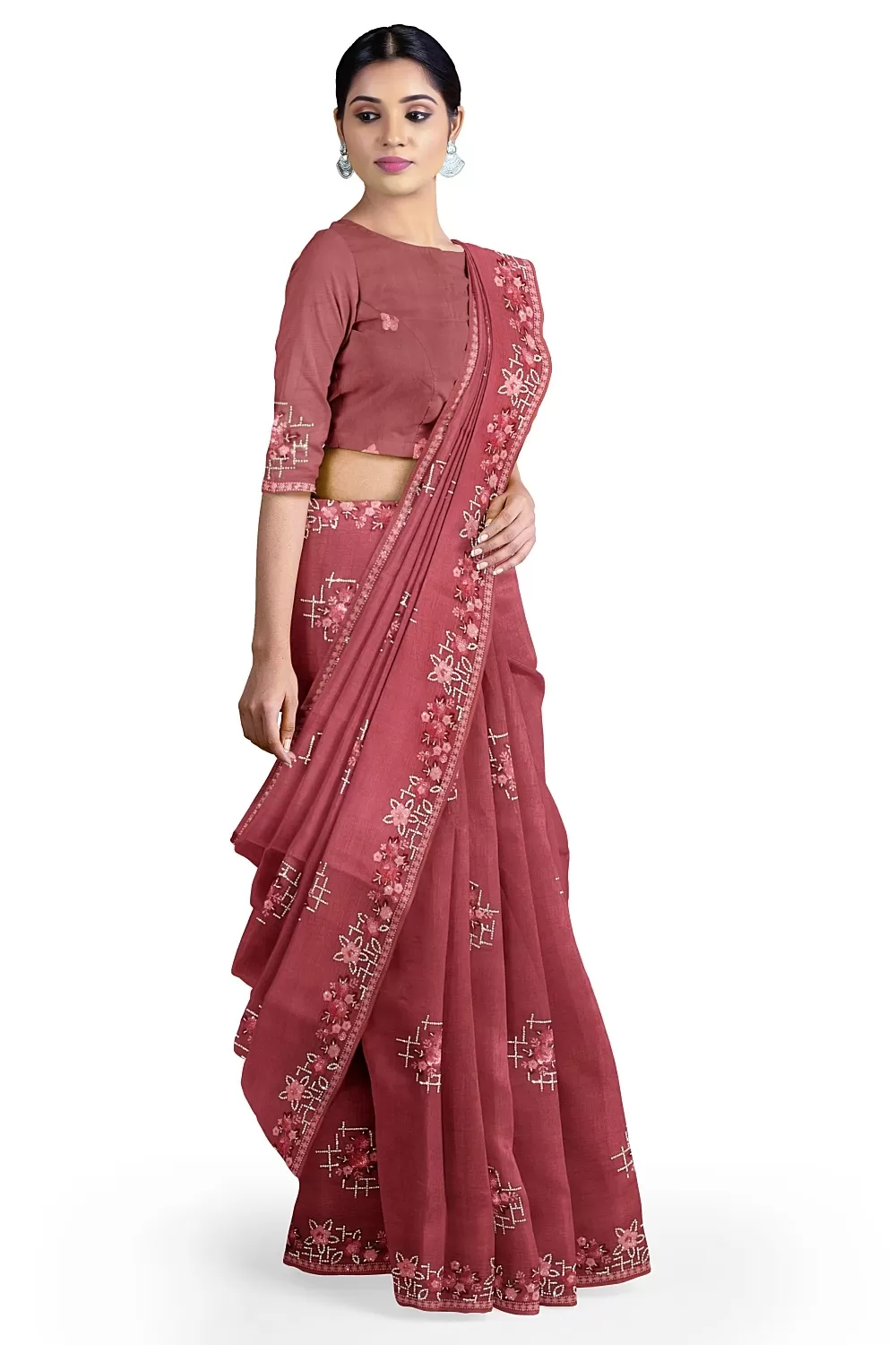 Onion Embroidery Chinnon Saree