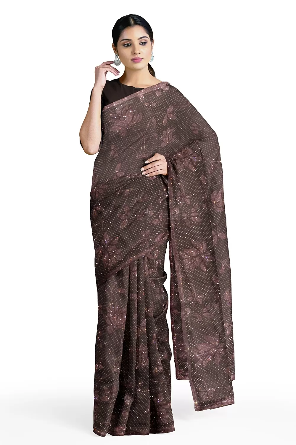 Wine Embroidery Satin Saree