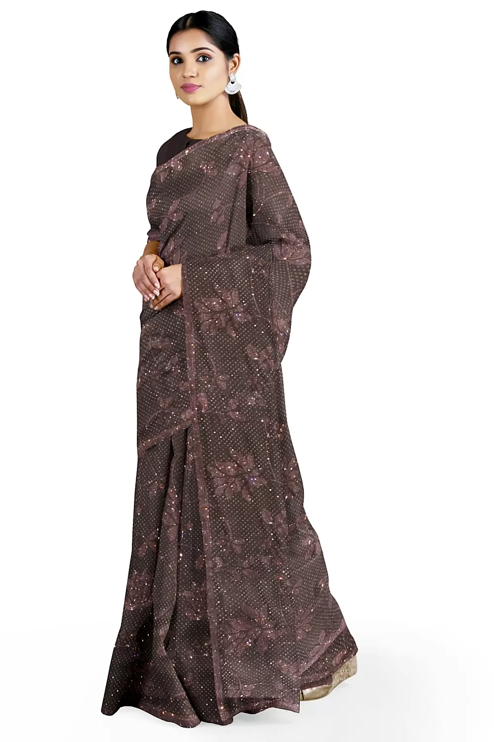 Wine Embroidery Satin Saree