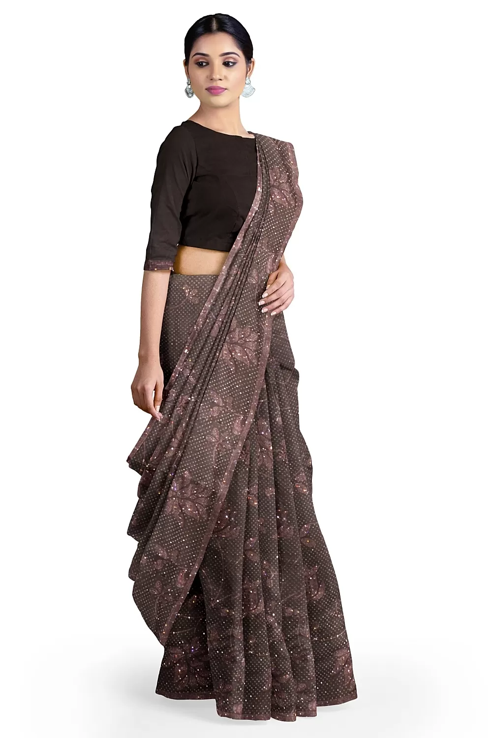 Wine Embroidery Satin Saree