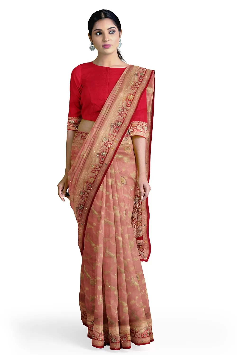 Light Pink Embroidery Silk Saree