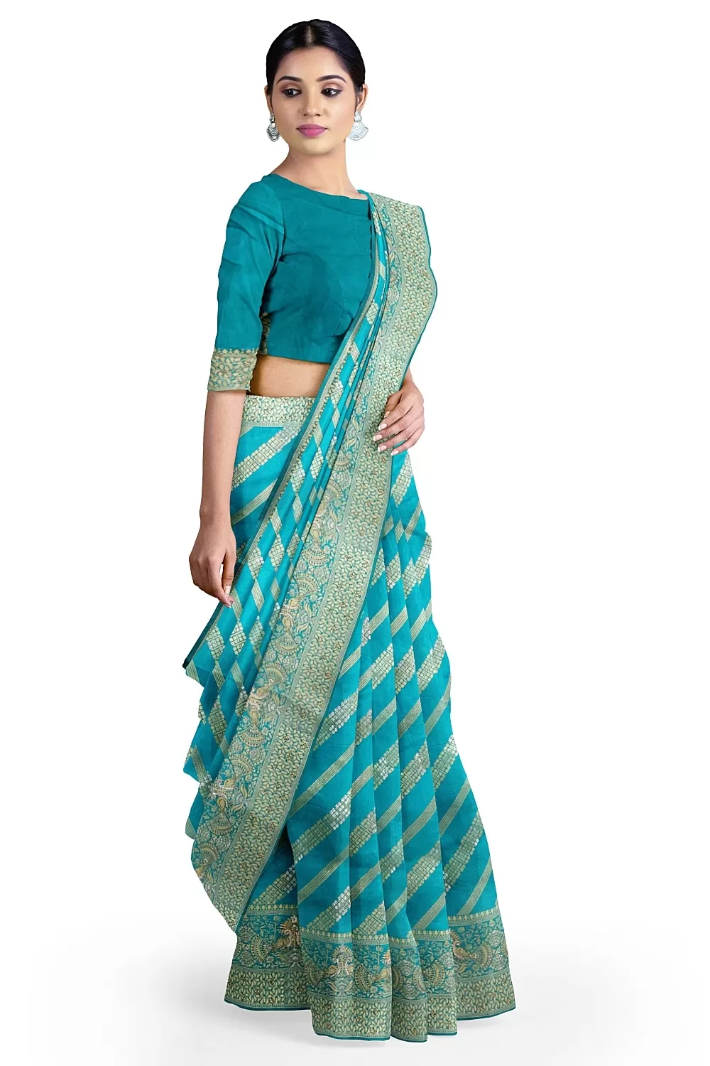 Firozi Colour Soft Silk Sarees