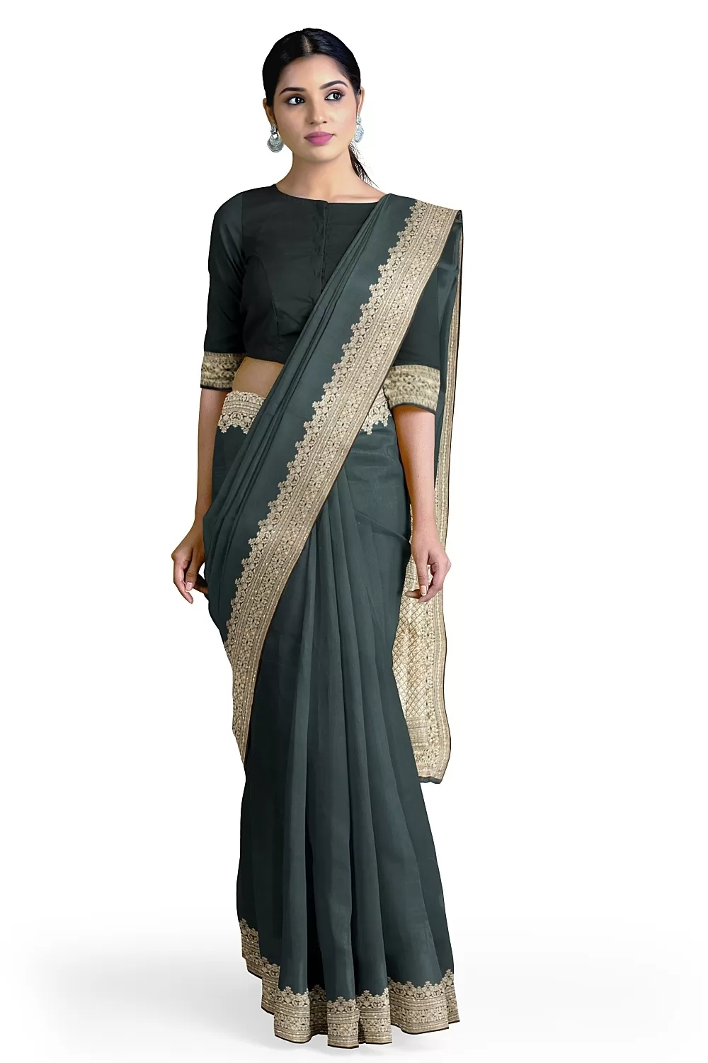 Bottle Green Colour Satin Saree