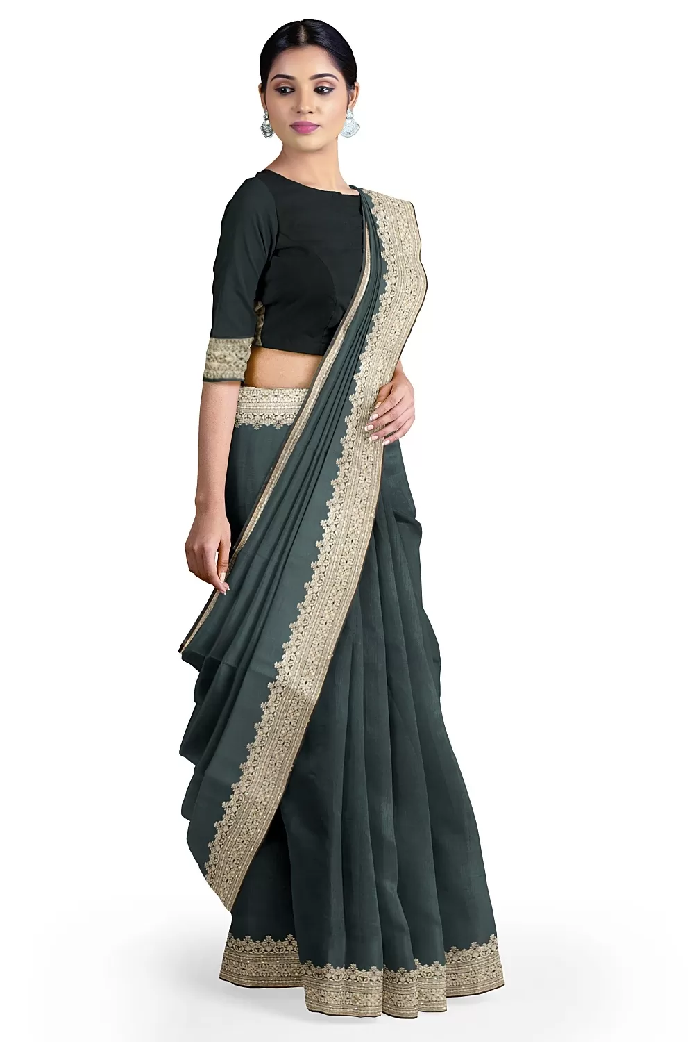 Bottle Green Colour Satin Saree