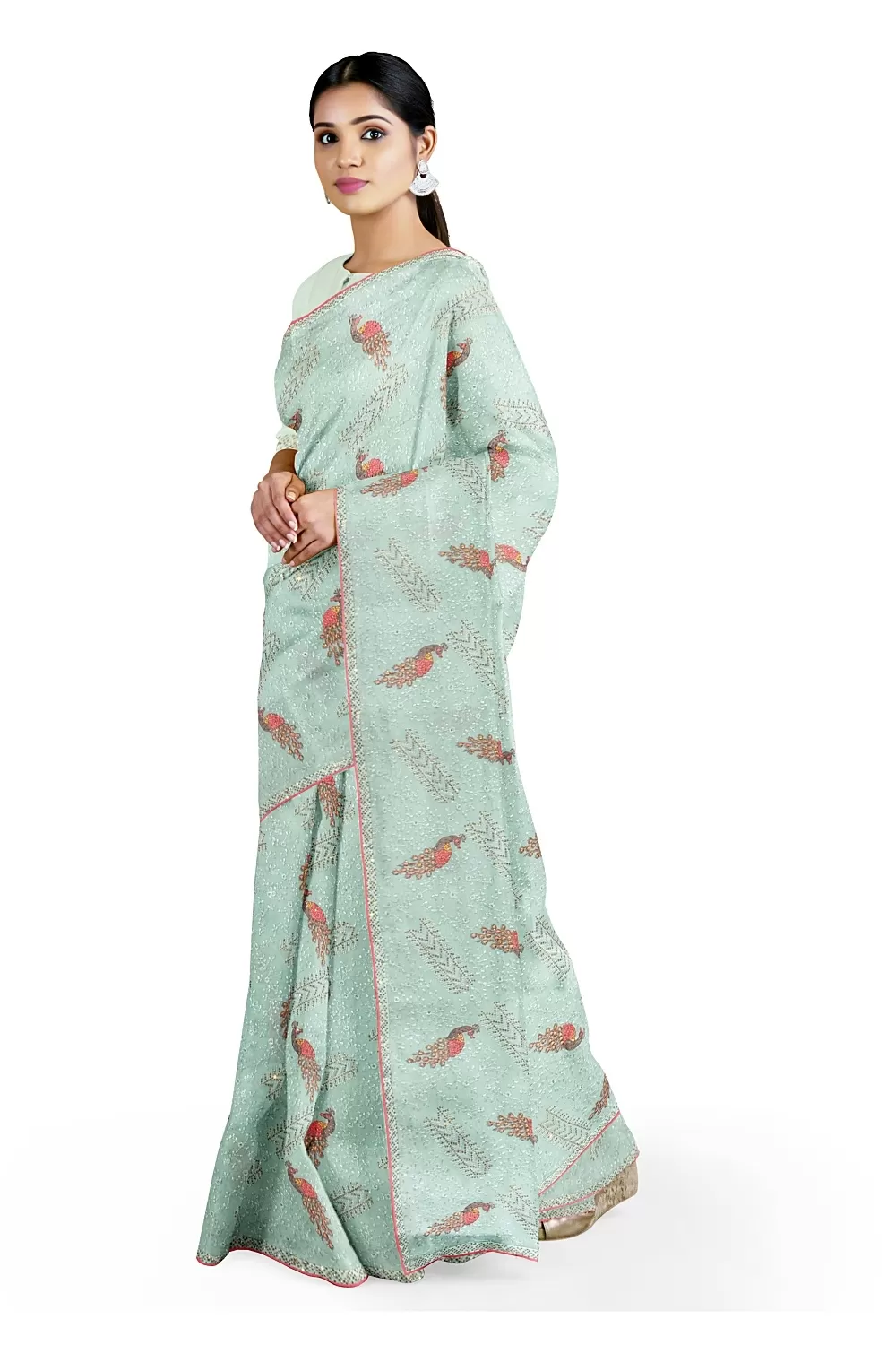 Sea Green Chiffon Embroidery Saree