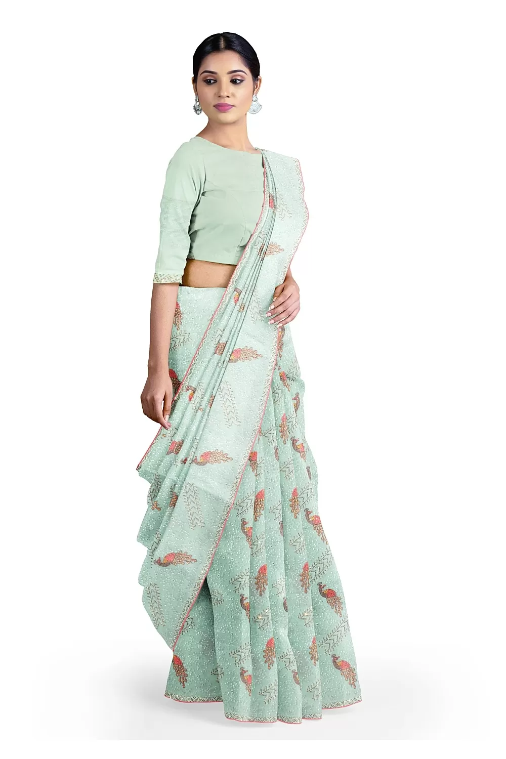 Sea Green Chiffon Embroidery Saree