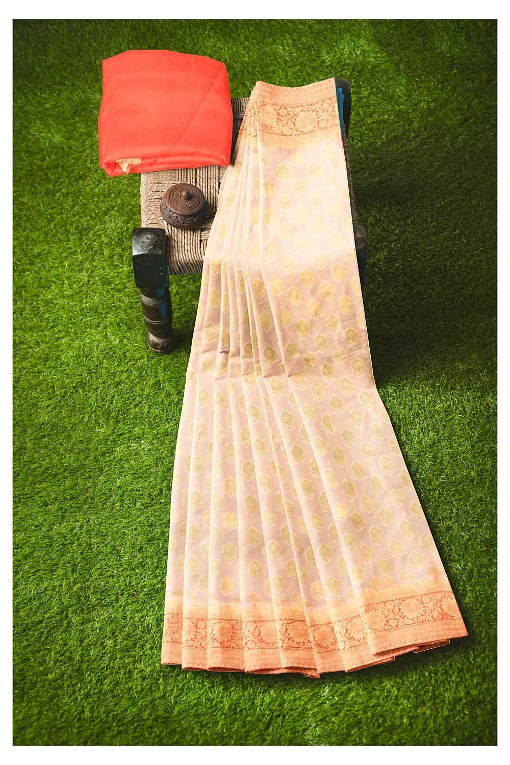 Cream Colour Bnarsi Silk Saree