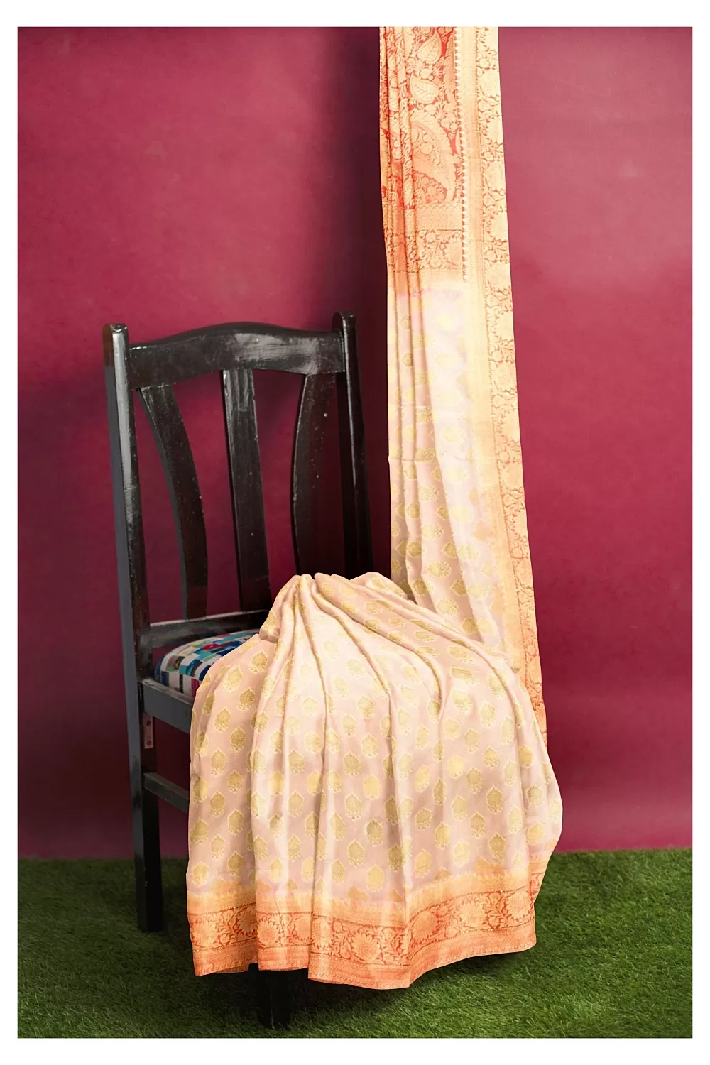 Cream Colour Bnarsi Silk Saree