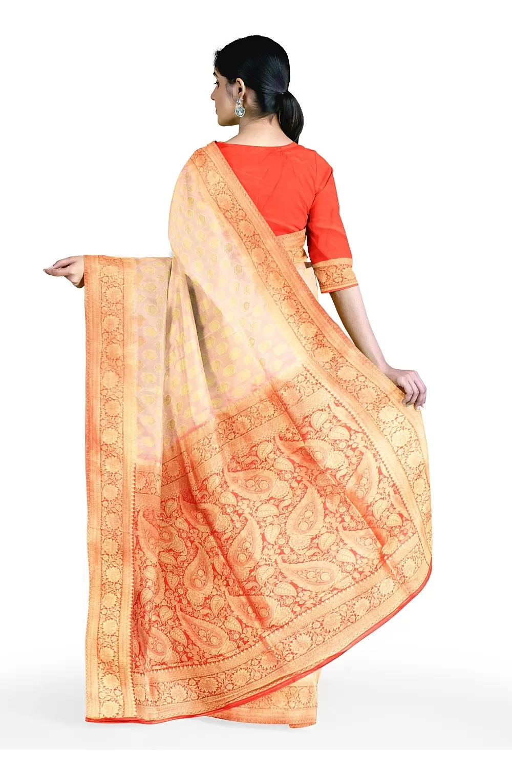 Cream Colour Bnarsi Silk Saree