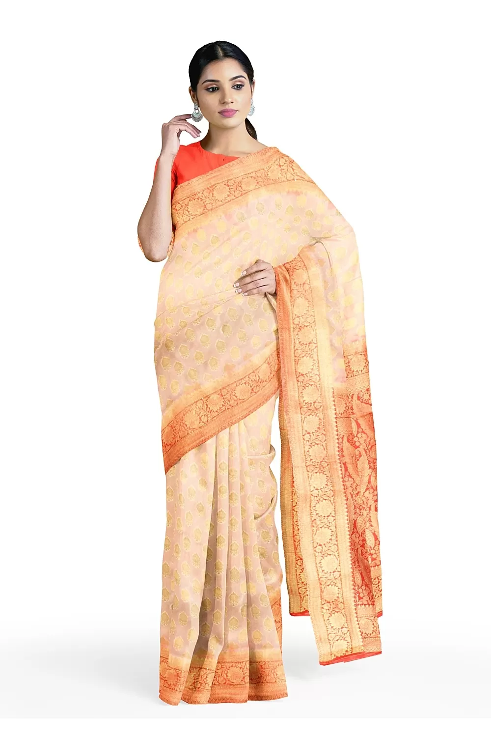 Cream Colour Bnarsi Silk Saree