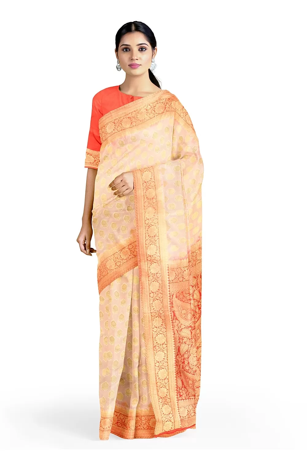 Cream Colour Bnarsi Silk Saree