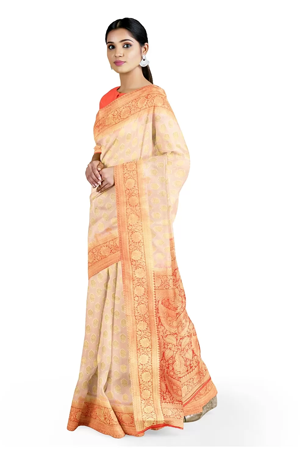 Cream Colour Bnarsi Silk Saree