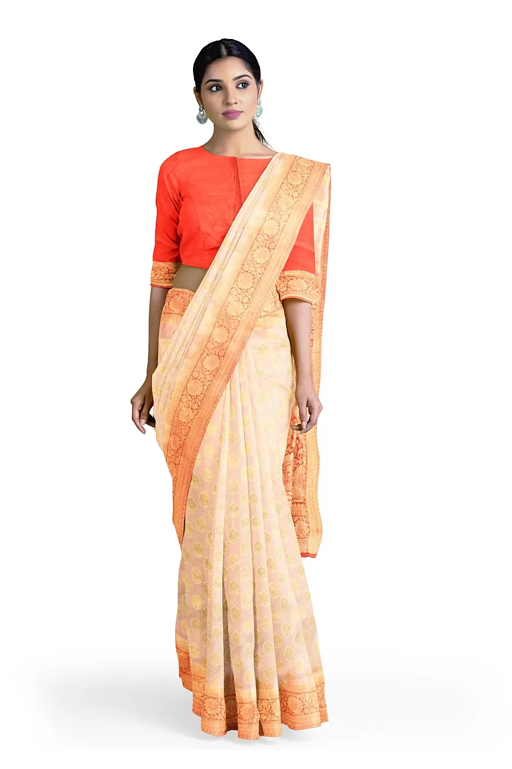 Cream Colour Bnarsi Silk Saree