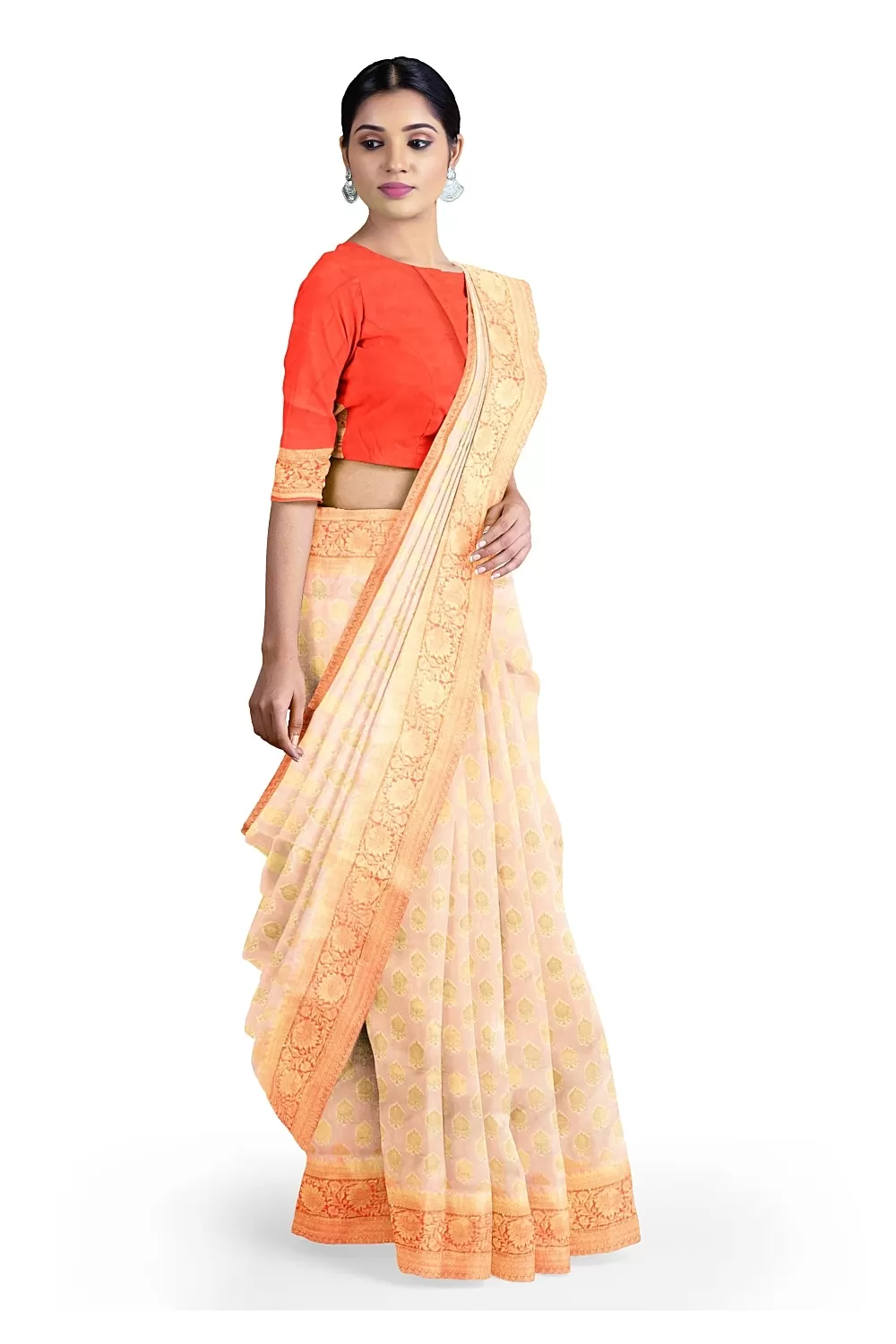 Cream Colour Bnarsi Silk Saree